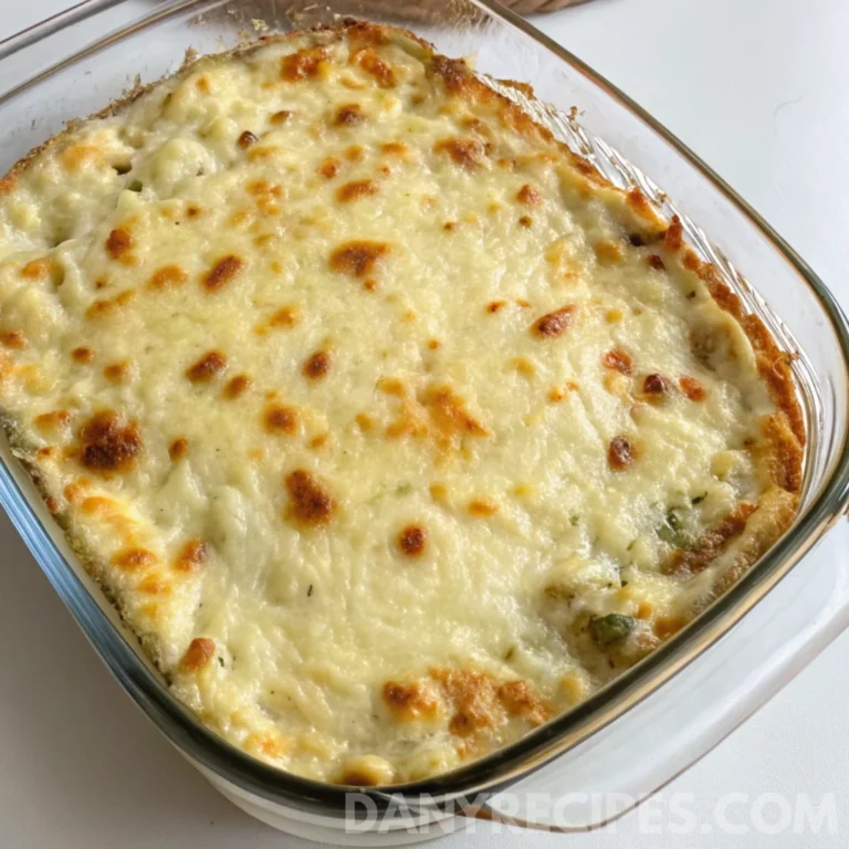 Golden baked Artichoke Dip with a bubbling cheesy top in a clear glass casserole dish.