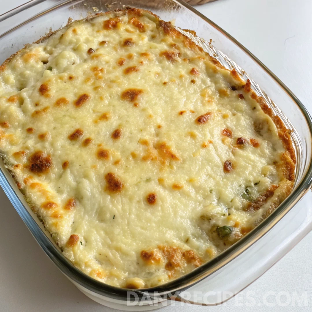 Golden baked Artichoke Dip with a bubbling cheesy top in a clear glass casserole dish.