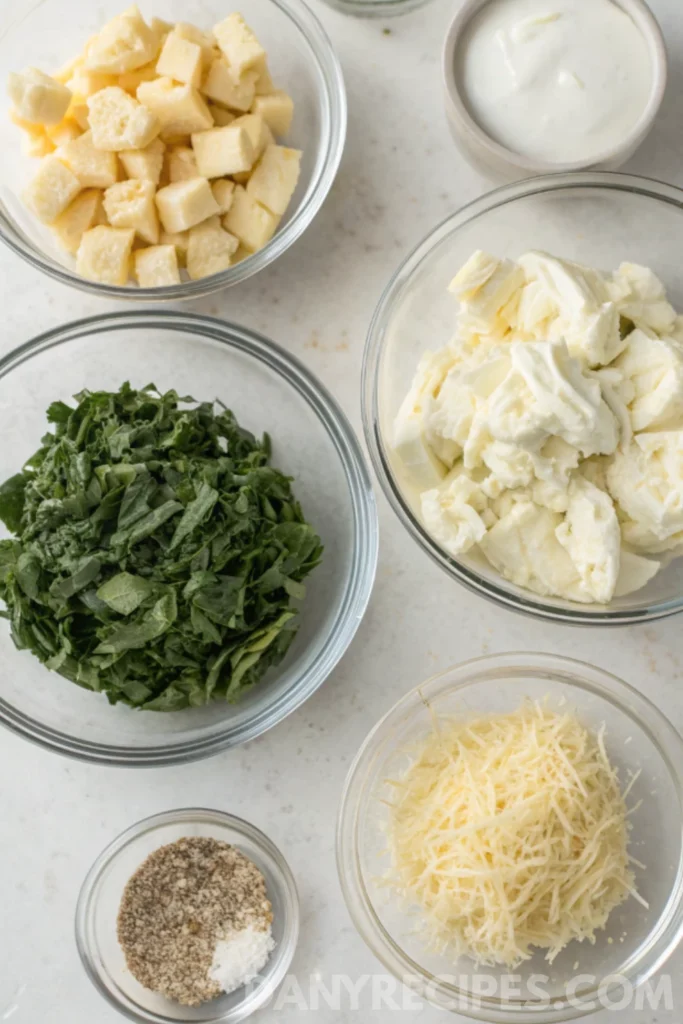 Artichoke Dip ingredients displayed in glass bowls, including cheeses, spinach, and seasoning.