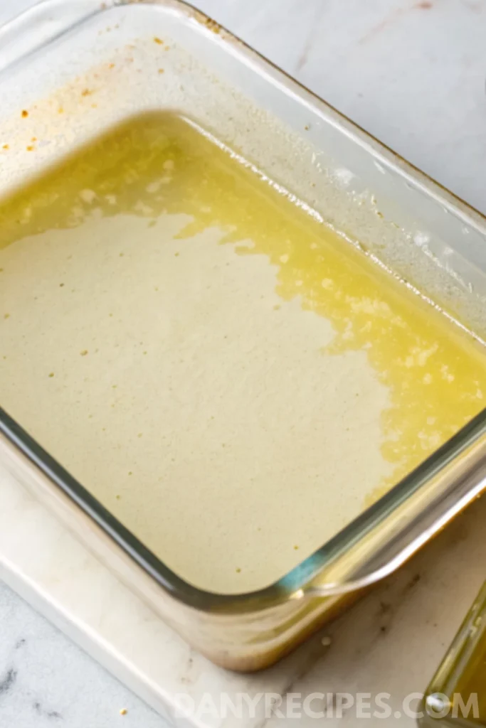 Empty glass baking dish coated with melted butter on a marble surface, ready for Artichoke Dip.
