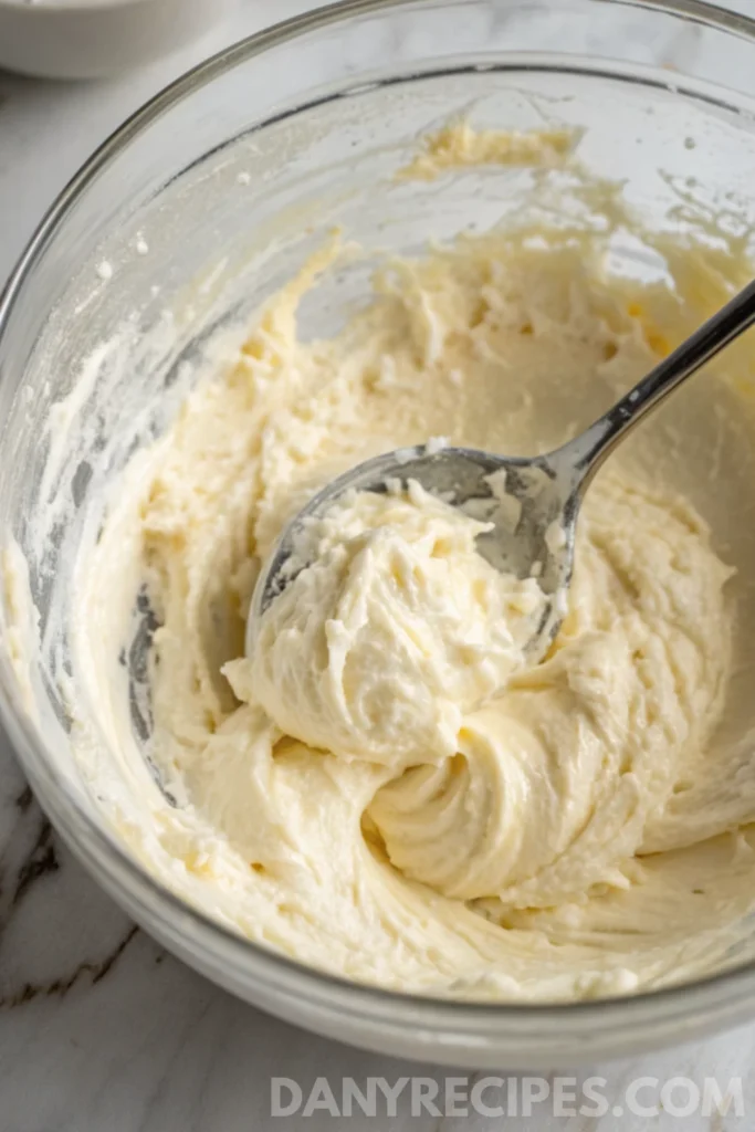 Creamy cheese mixture for Artichoke Dip in a glass bowl with a spoon.