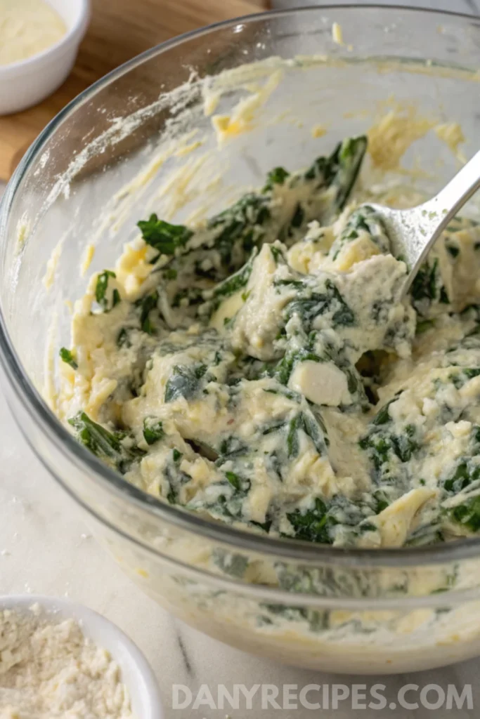 Artichoke Dip mixture with chopped spinach and cheese being stirred in a glass bowl.