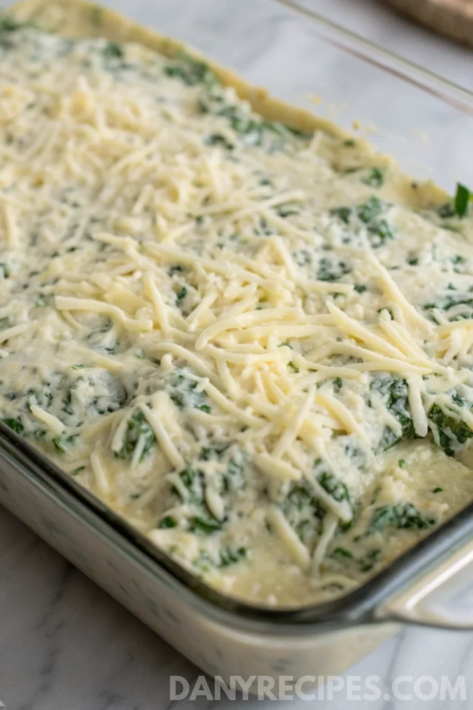 Unbaked Artichoke Dip in a glass dish topped with shredded cheese, ready for the oven.