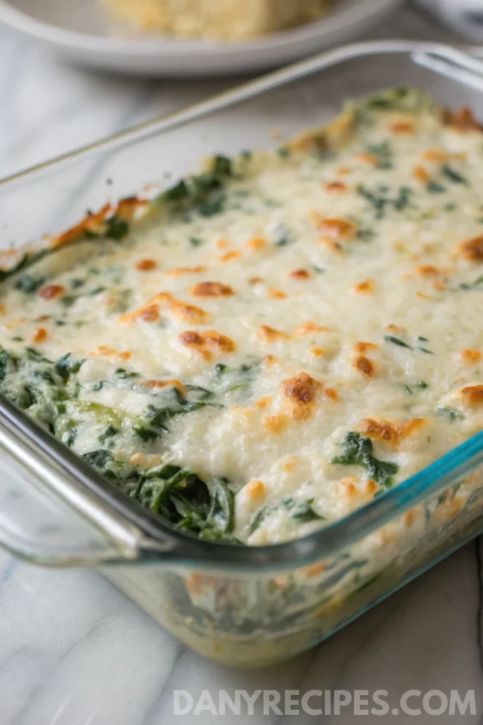 Freshly baked spinach artichoke dip in a glass dish with golden cheese topping.