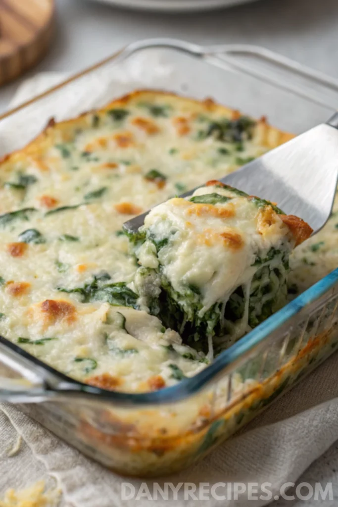 A serving of cheesy spinach artichoke dip being lifted from a glass baking dish.