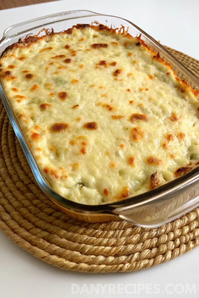 Freshly baked Artichoke Dip with a golden-brown cheese crust in a glass dish.