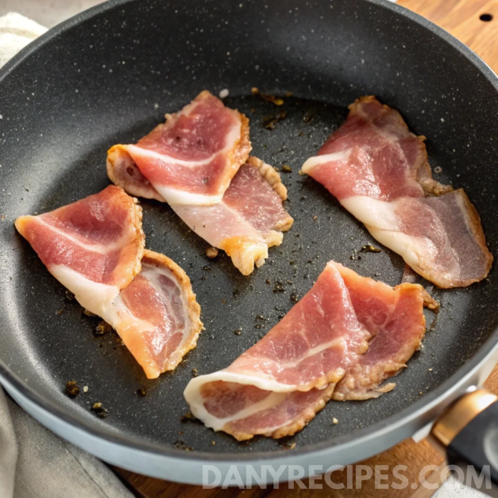 Slices of bacon frying in a nonstick pan until golden brown
