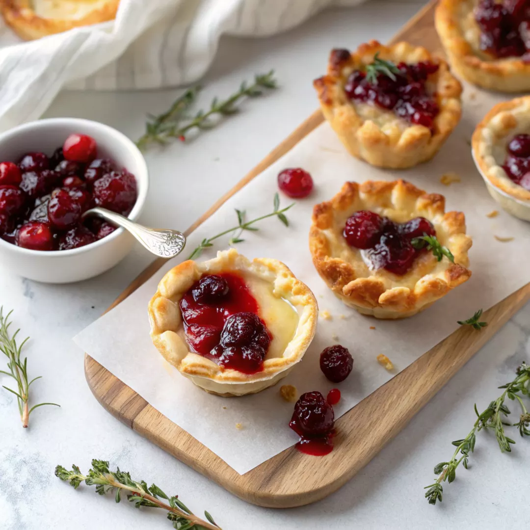 Baked brie bites with cranberry on a wooden serving board garnished with fresh herbs.