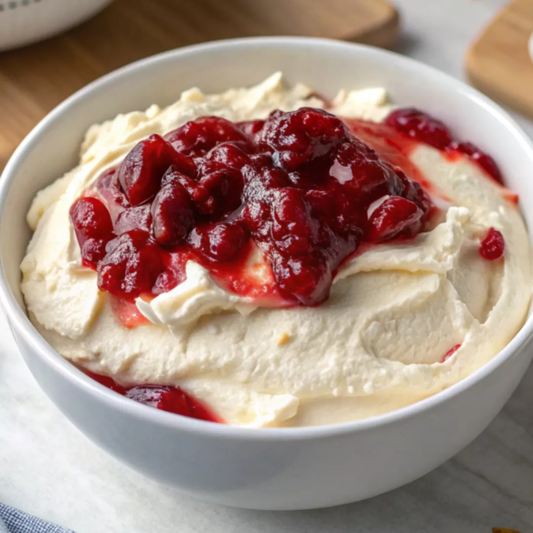 Bowl of cranberry cream cheese dip topped with cranberry sauce, served in a white dish.