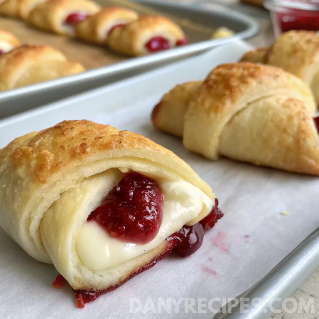 Close-up of cranberry cream cheese crescent bites baked to golden perfection on a parchment-lined baking sheet.