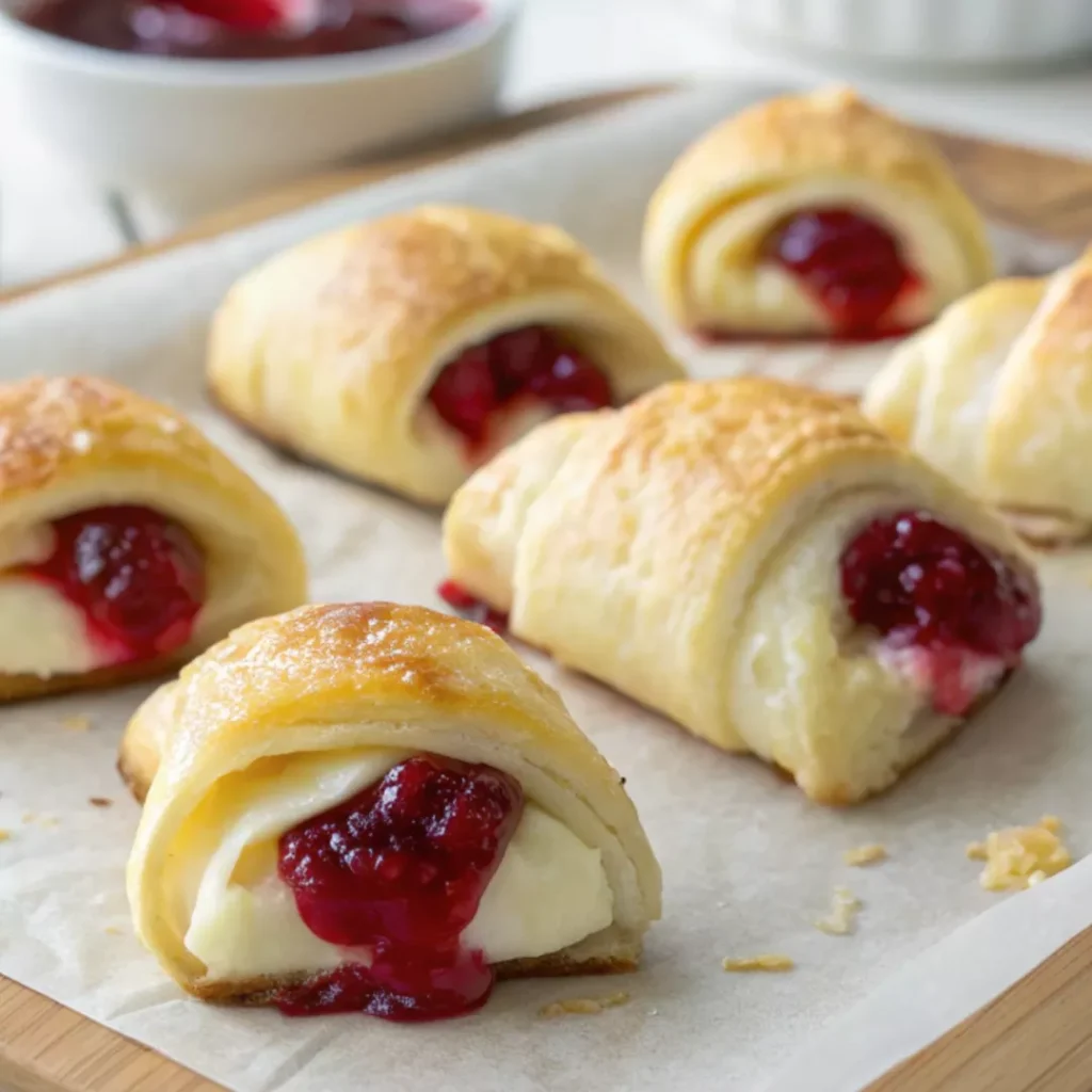 Best Cranberry Cream Cheese Crescent Bites 12 Cranberry cream cheese crescent bites on a parchment-lined tray, fresh out of the oven.