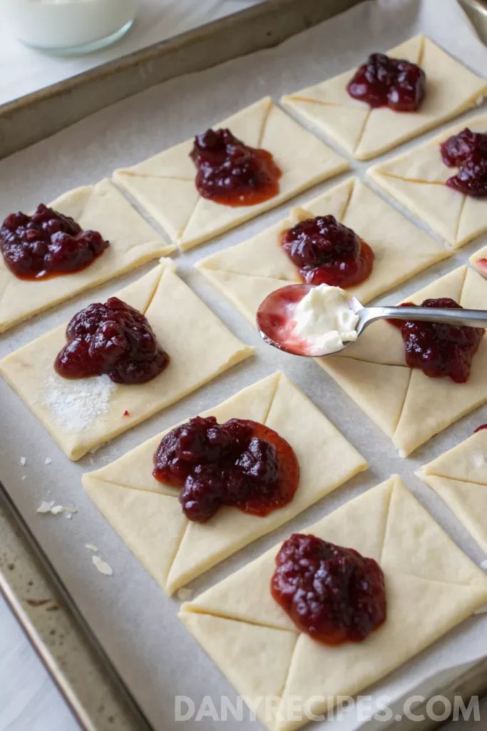 Best Cranberry Cream Cheese Crescent Bites 16 Crescent dough triangles topped with cranberry sauce and cream cheese, ready to be rolled.