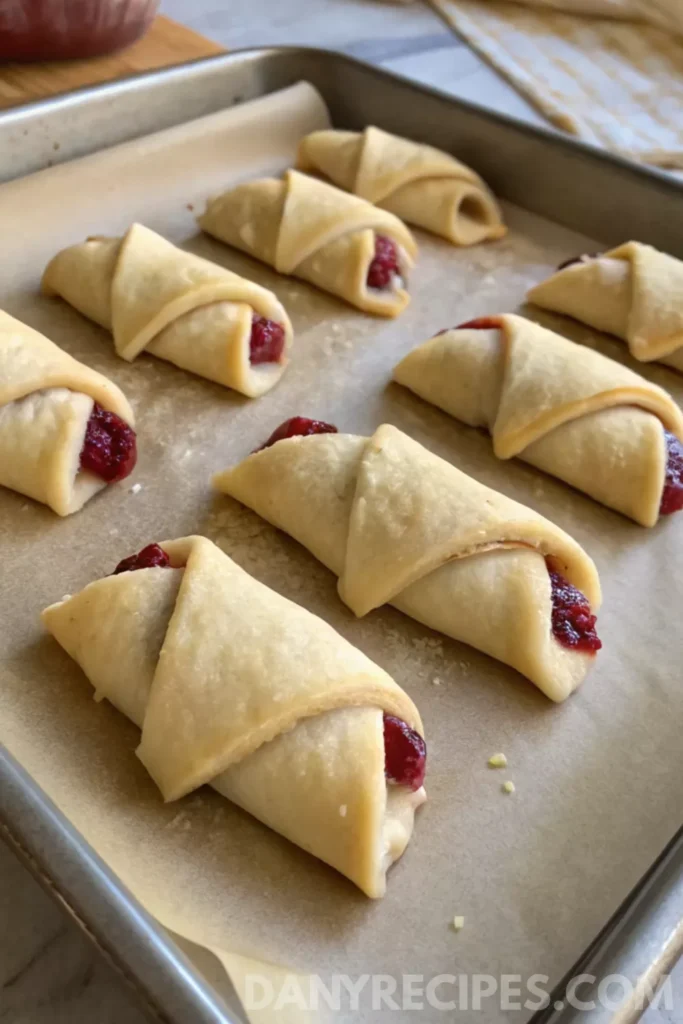 Best Cranberry Cream Cheese Crescent Bites 17 Unbaked cranberry cream cheese crescent bites rolled and placed on a parchment-lined baking sheet.