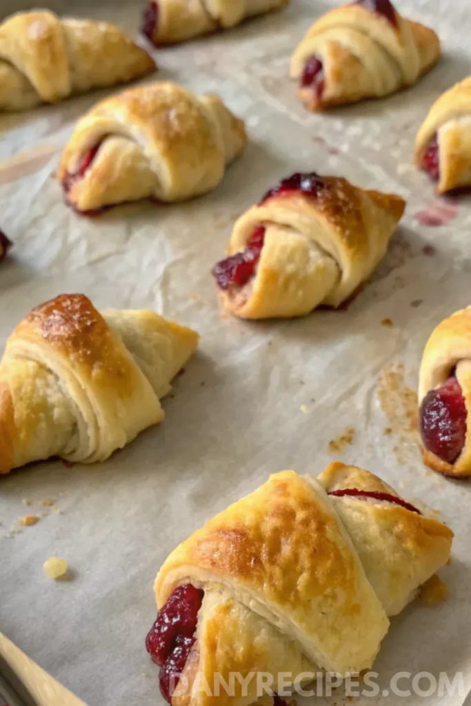 Best Cranberry Cream Cheese Crescent Bites 18 Golden baked cranberry cream cheese crescent bites on a parchment-lined baking sheet.