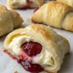 Best Cranberry Cream Cheese Crescent Bites 13 Close-up of a cranberry cream cheese crescent bite with gooey filling on a parchment-lined tray.