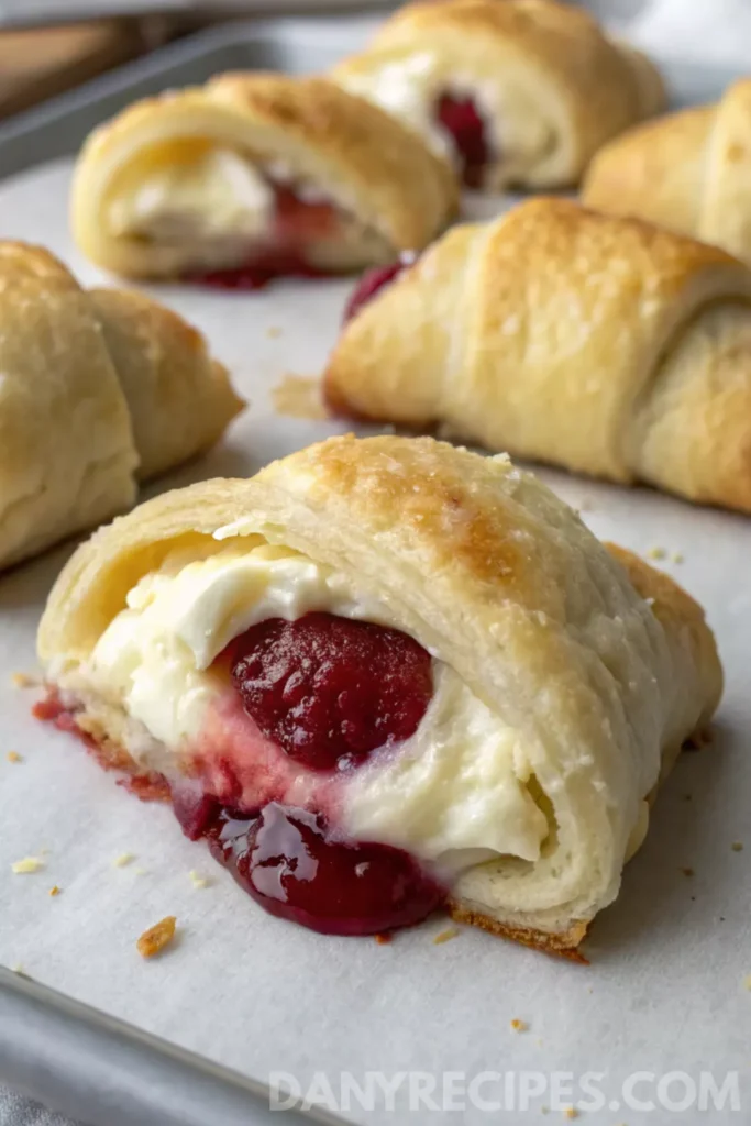 Best Cranberry Cream Cheese Crescent Bites 19 Close-up of a cranberry cream cheese crescent bite with gooey filling on a parchment-lined tray.