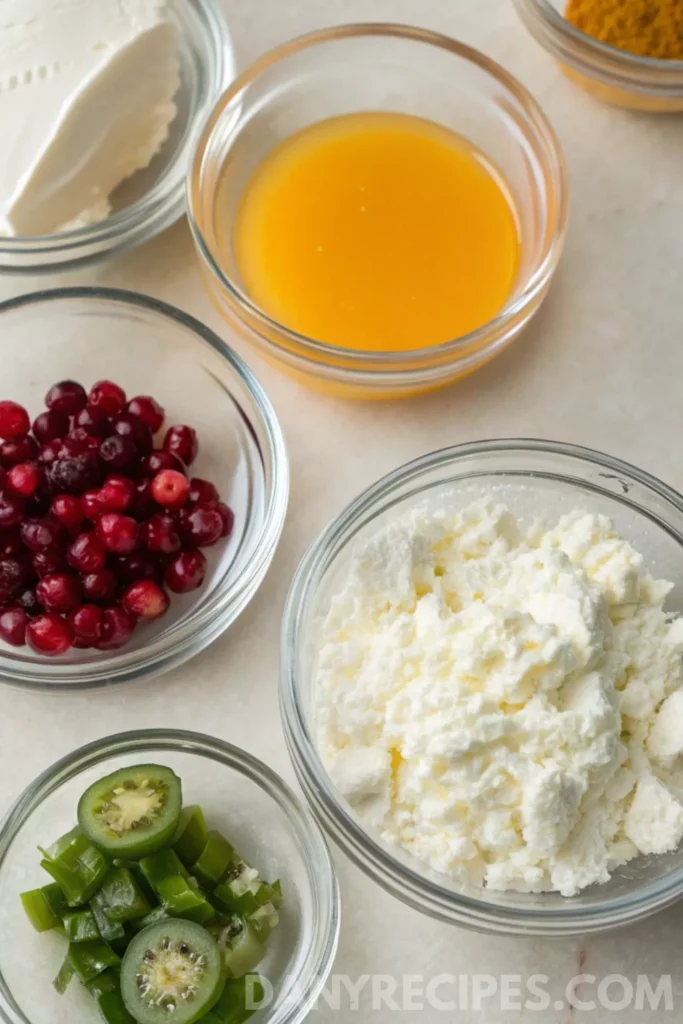 Ingredients for cranberry cream cheese dip including cranberries, cream cheese, ricotta, orange juice, and chopped jalapeños.