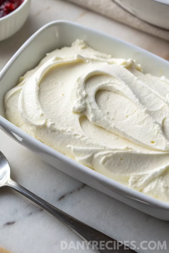Smooth cream cheese mixture in a white rectangular dish, the base for cranberry dip.