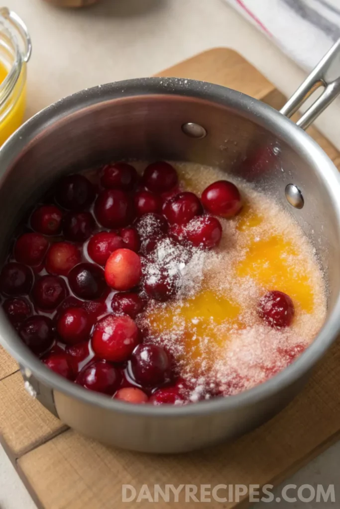 Fresh cranberries, sugar, and orange juice in a saucepan to make cranberry topping for dip.