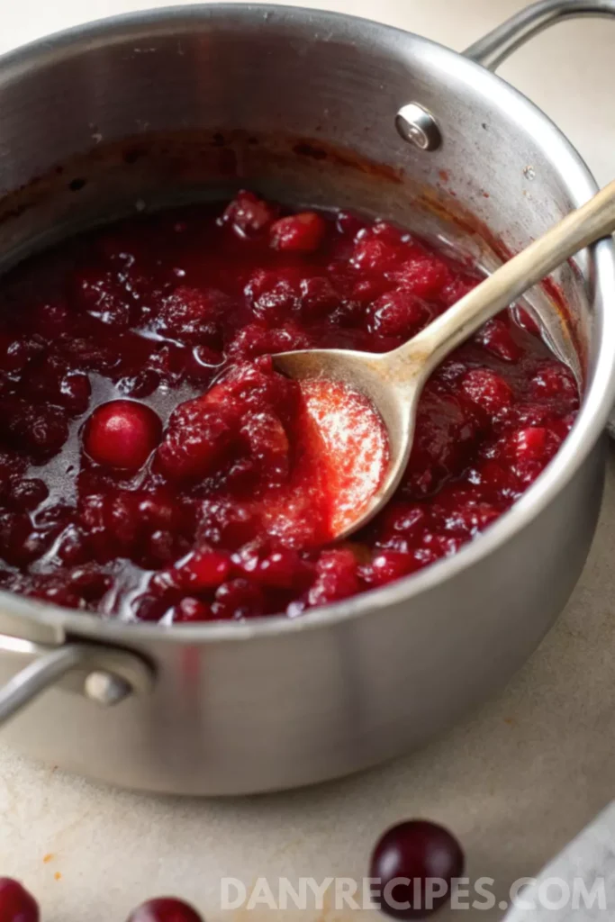 Thick cranberry sauce in a saucepan with a spoon, cooled and ready to use as a topping.