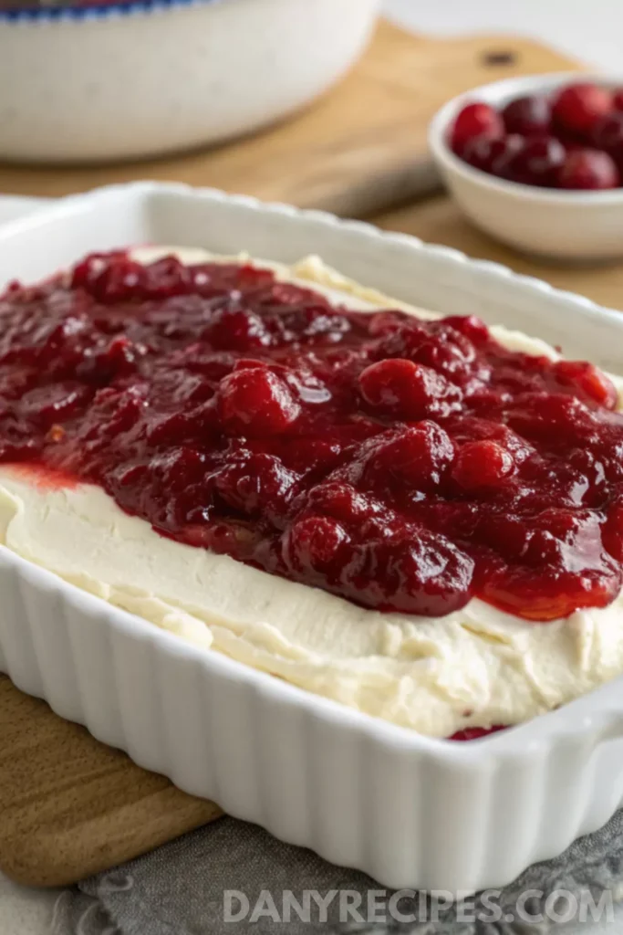 Layered cranberry cream cheese dip in a white dish with cranberry topping spread over whipped base.