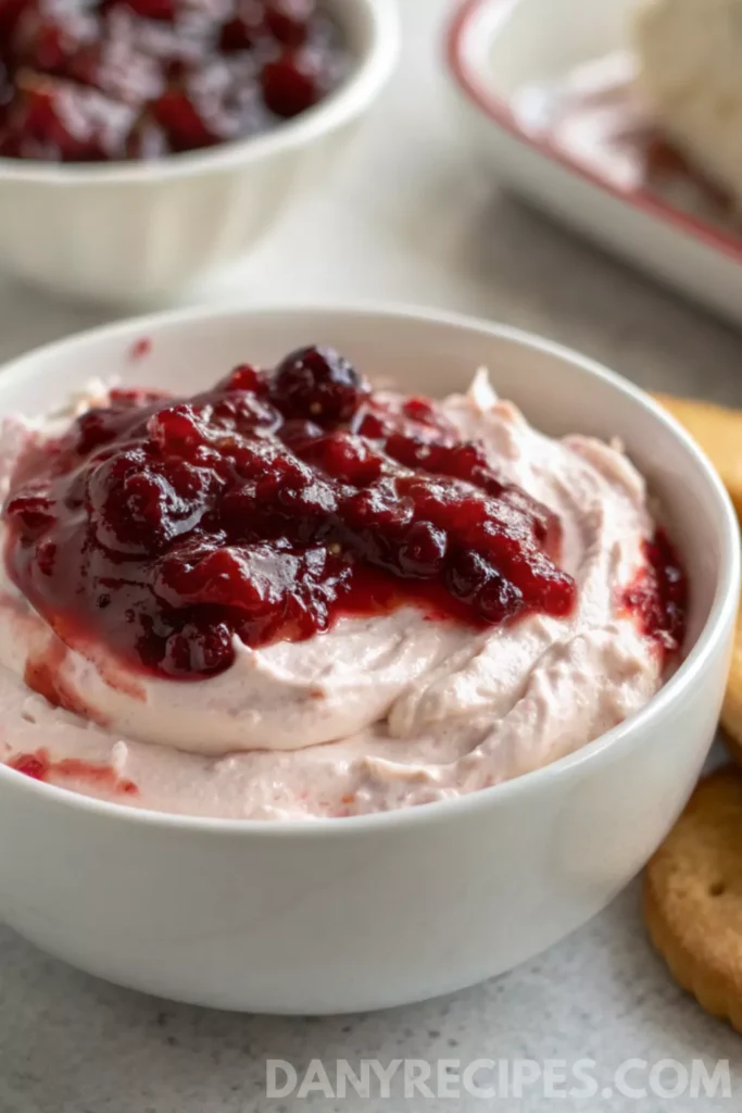 Cranberry cream cheese dip in a white bowl topped with cranberry sauce, ready to serve with crackers.