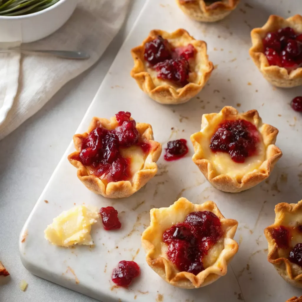 Baked Brie Bites with Cranberry 10 Close-up of baked brie bites with cranberry on a marble serving board.