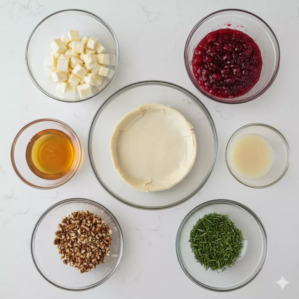 Baked Brie Bites with Cranberry 13 Ingredients for baked brie bites with cranberry, including dough, brie cubes, cranberry sauce, honey, chopped pecans, herbs, and lemon juice.