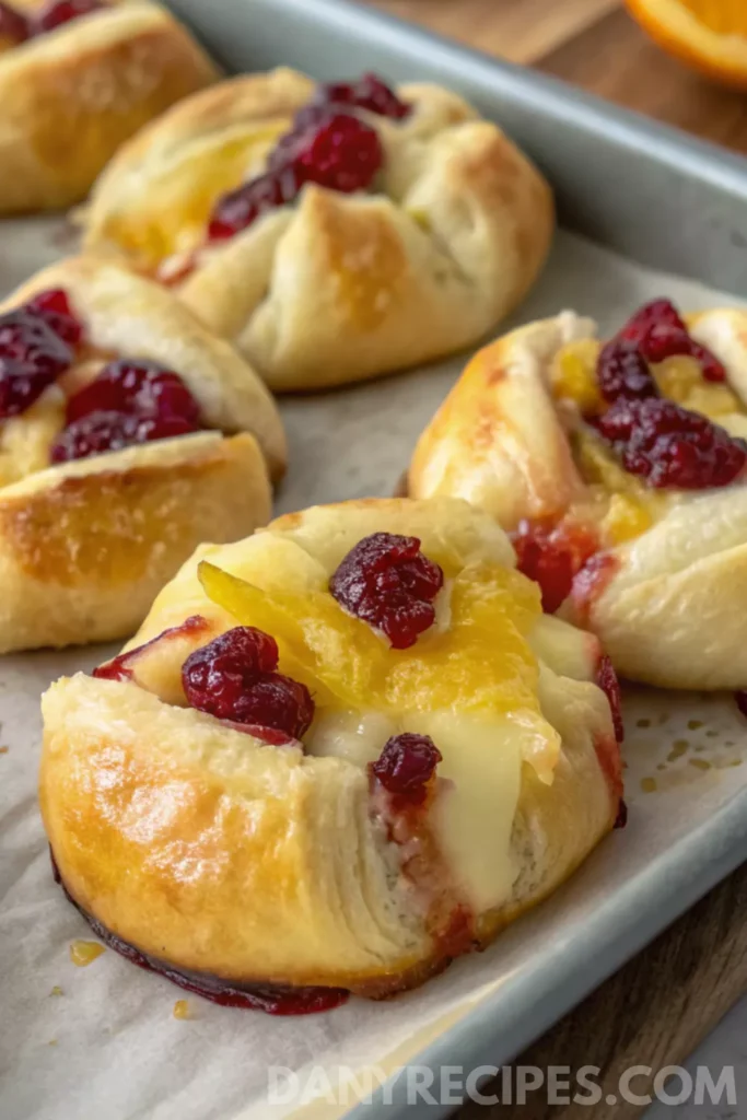 Best Cranberry Cream Cheese Crescent Bites 20 Baked brie bites with cranberry and orange zest, topped with melted cheese and served on a parchment-lined tray.