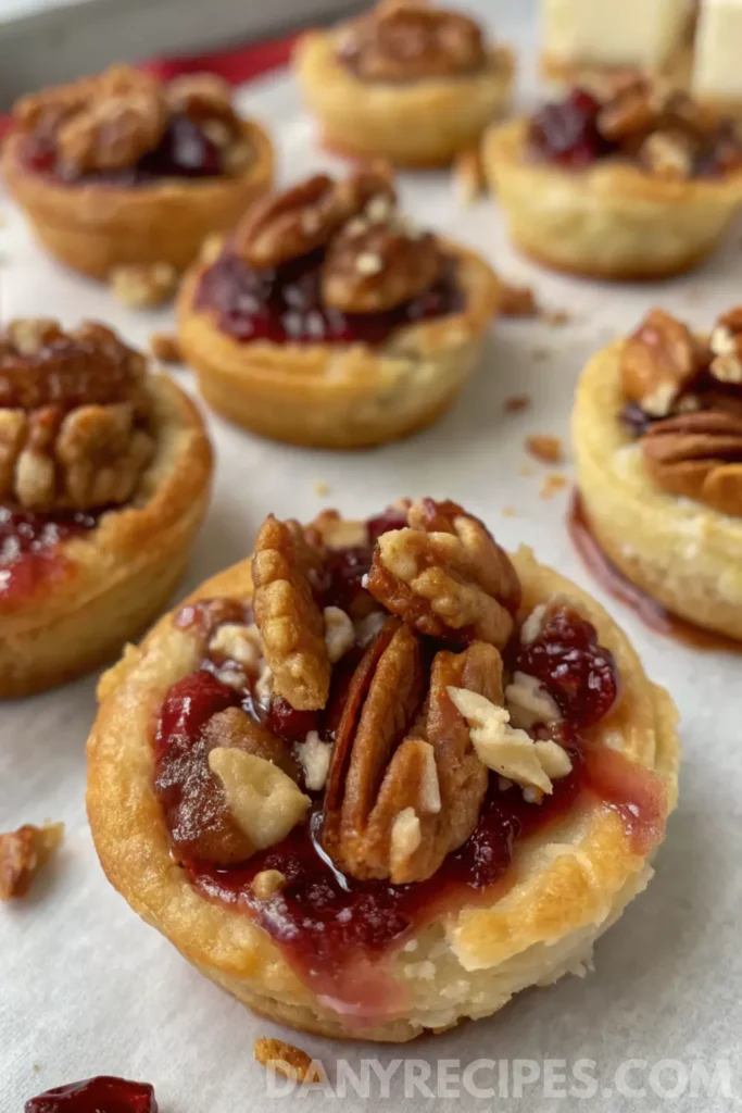 Best Cranberry Cream Cheese Crescent Bites 21 Baked brie bites with cranberry sauce topped with pecans on a parchment-lined baking sheet.