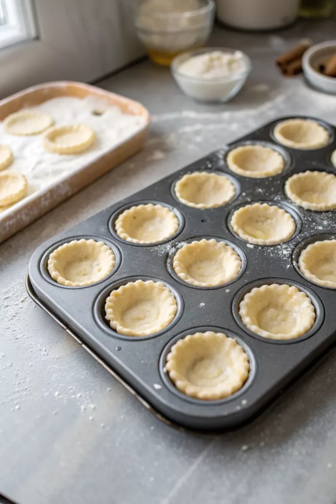 Baked Brie Bites with Cranberry 14 Unbaked tart shells in a mini muffin pan for baked brie bites with cranberry.