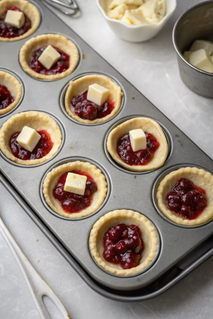 Baked Brie Bites with Cranberry 15 Pastry shells filled with cranberry sauce and brie cubes in a muffin tin for baked brie bites with cranberry.