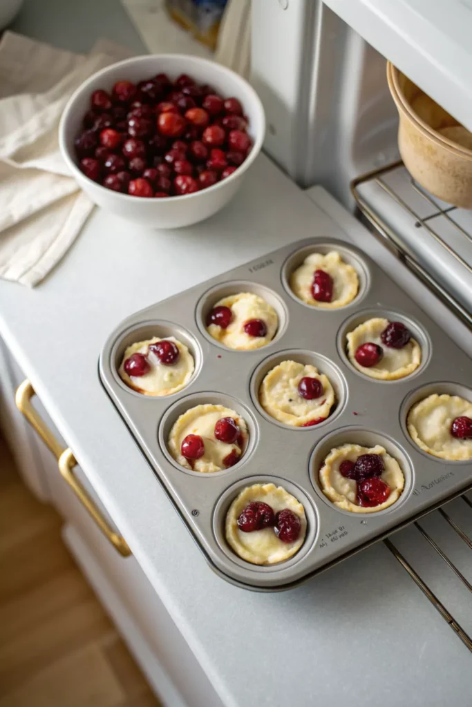 Baked Brie Bites with Cranberry 16 Unbaked baked brie bites with cranberry in a muffin tin, ready to chill before baking.