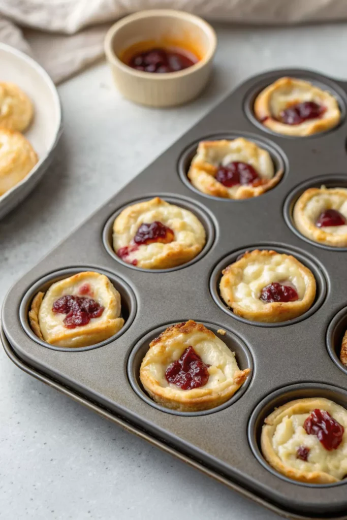 Baked Brie Bites with Cranberry 17 Freshly baked brie bites with cranberry in a muffin tin just out of the oven.