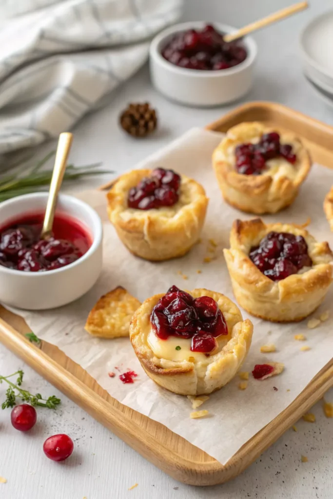 Baked Brie Bites with Cranberry 18 Freshly baked brie bites with cranberry served on a wooden tray with extra cranberry sauce.