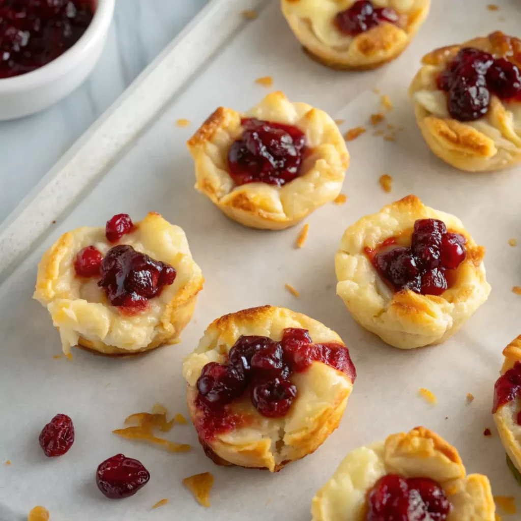 Baked Brie Bites with Cranberry 11 Freshly baked brie bites with cranberry on a baking sheet, ready to serve.