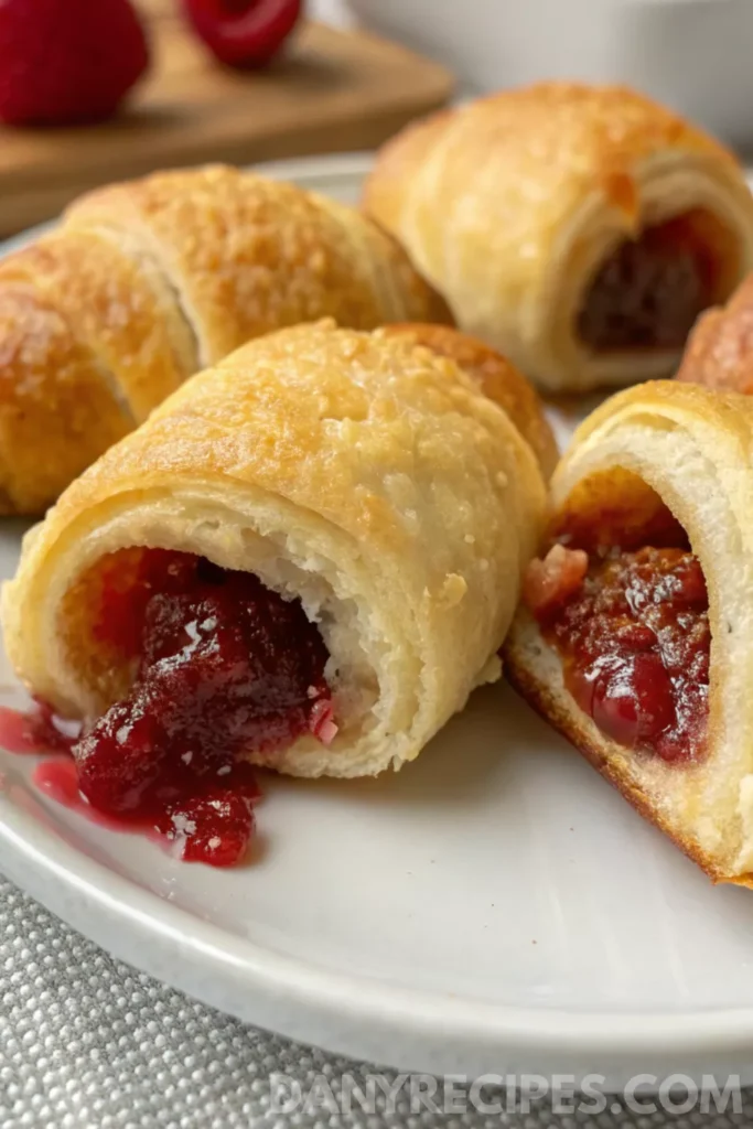 Best Cranberry Cream Cheese Crescent Bites 22 Golden crescent bites filled with oozing raspberry jam on a white plate.