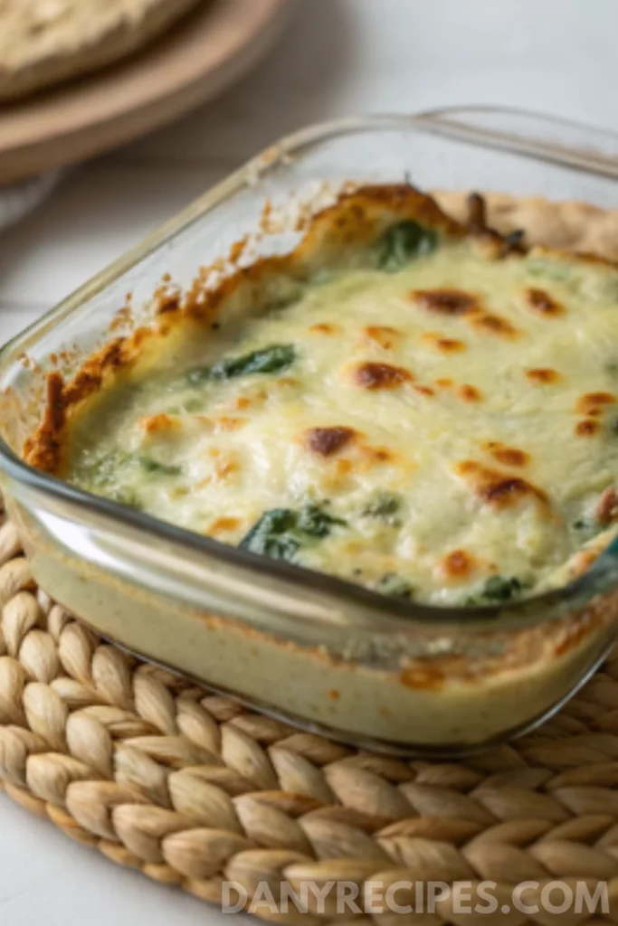 Best Spinach Artichoke Dip Recipe 6 Freshly baked spinach artichoke dip with golden bubbly cheese in a glass baking dish