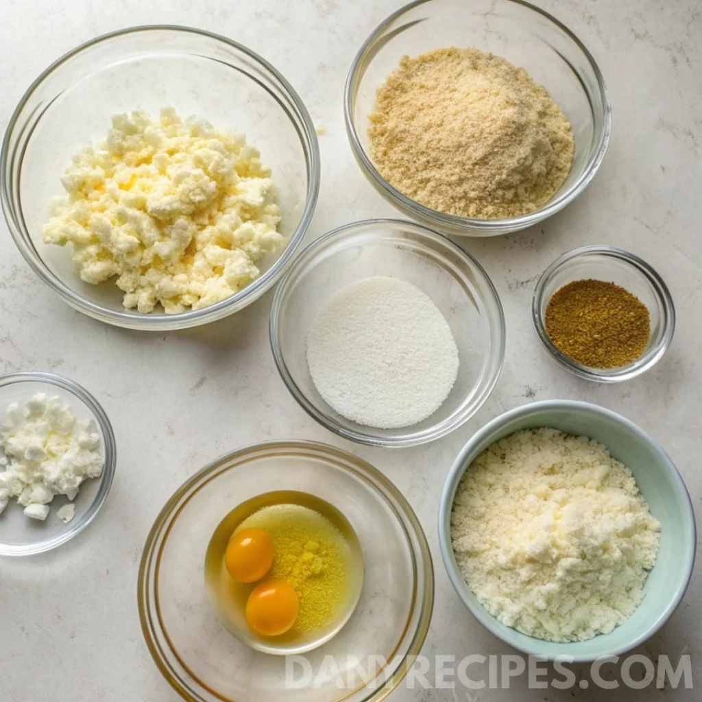 Bowls of cheese, breadcrumbs, eggs, and seasonings arranged on a light surface