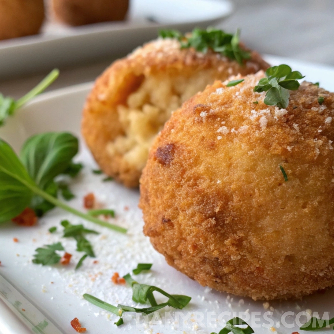 Golden, crispy arancini balls filled with creamy risotto and topped with fresh herbs