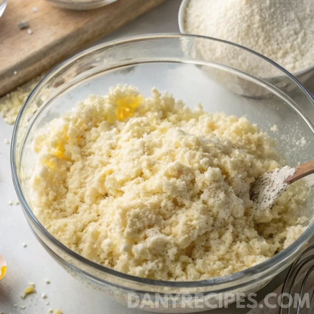Creamy risotto mixture being stirred in a glass bowl with a wooden spoon