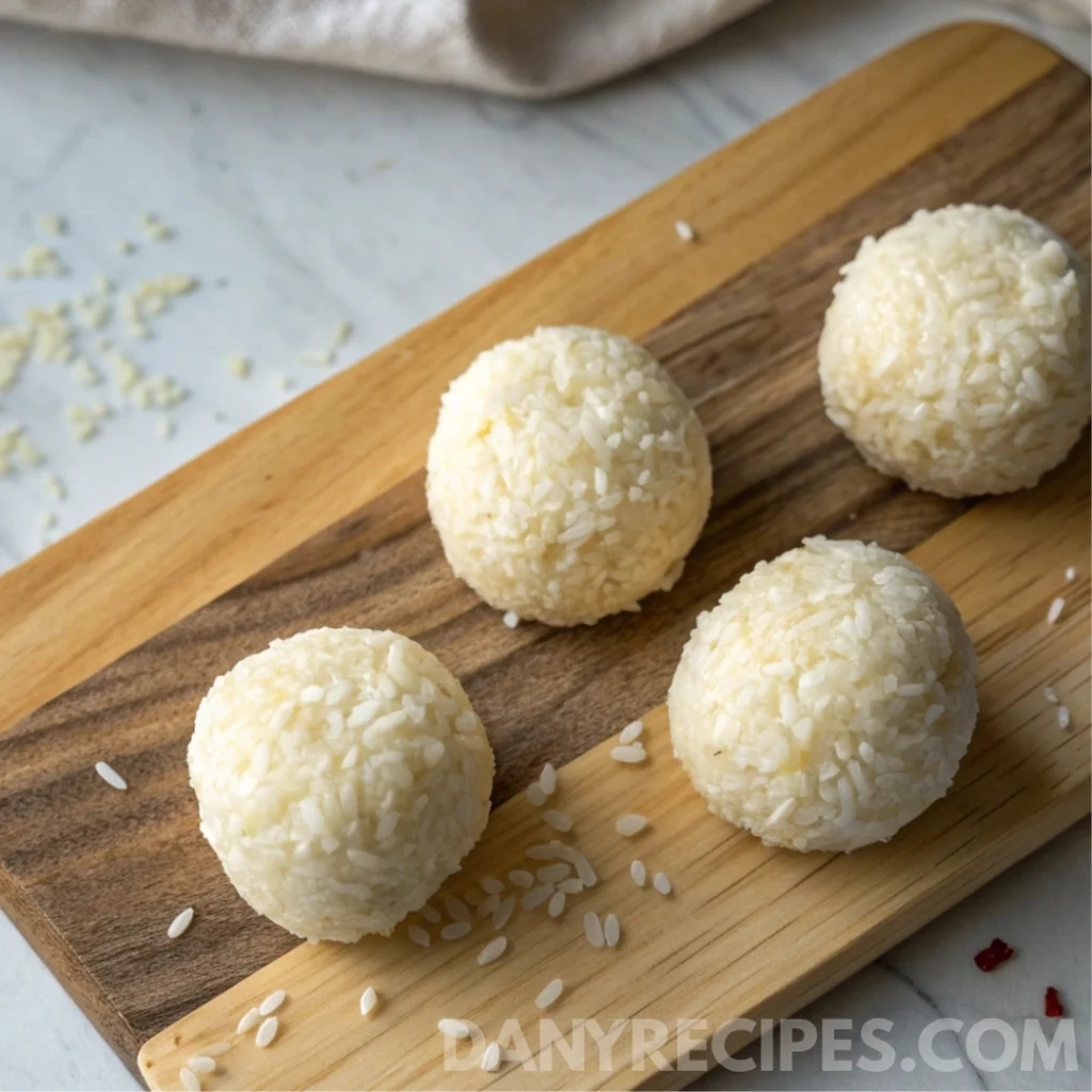Uncooked arancini rice balls shaped on a wooden board, ready to be filled