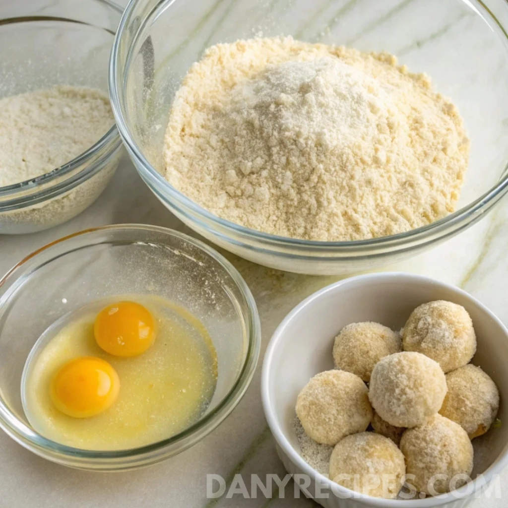 Arancini balls coated in breadcrumbs beside bowls of eggs and flour