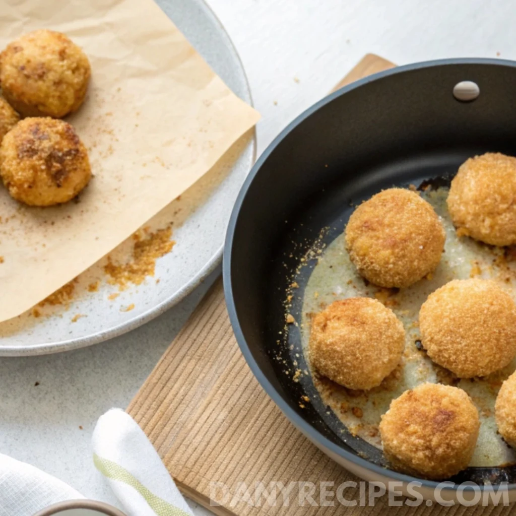 Golden brown arancini frying in a nonstick pan with breadcrumbs scattered around