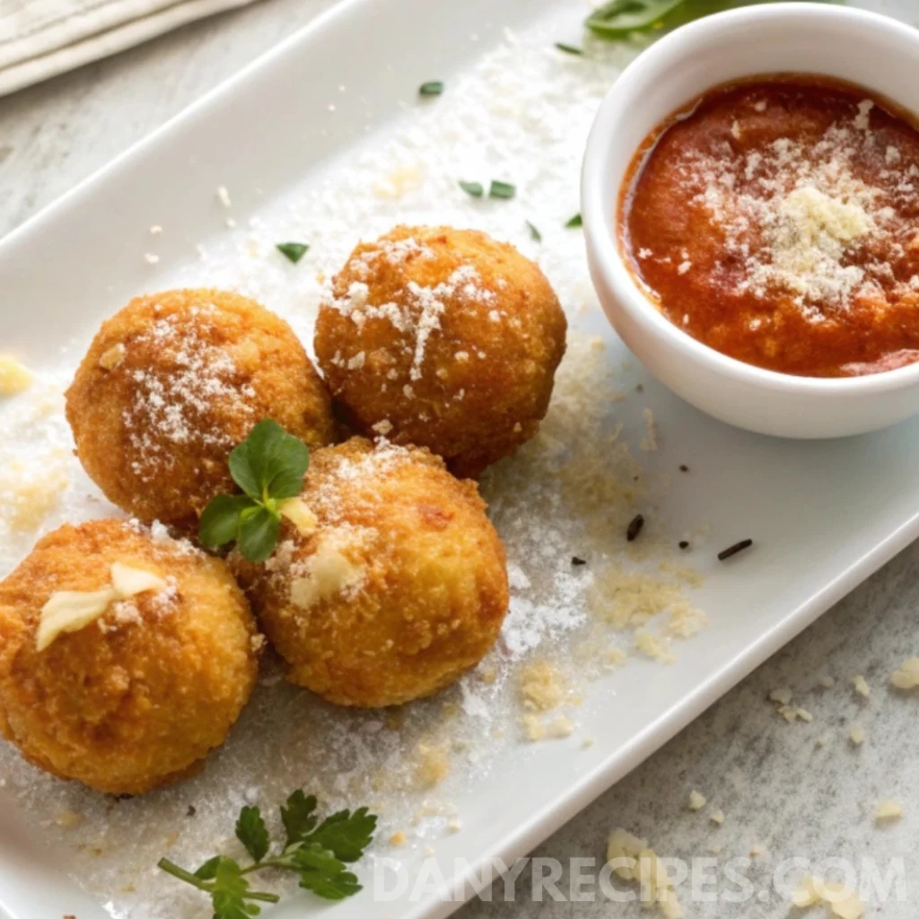 Golden fried arancini balls served on a white plate with marinara sauce and grated cheese