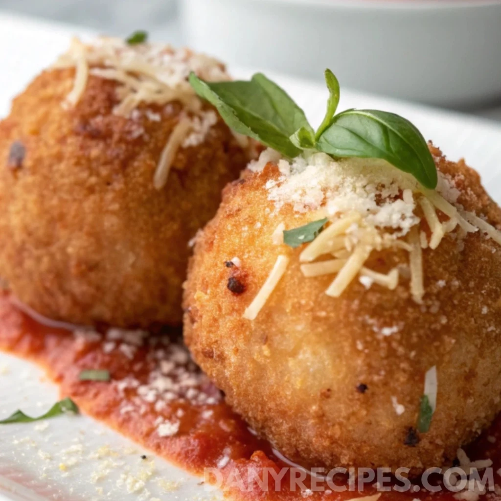 Golden Italian arancini topped with parmesan and basil, served on marinara sauce