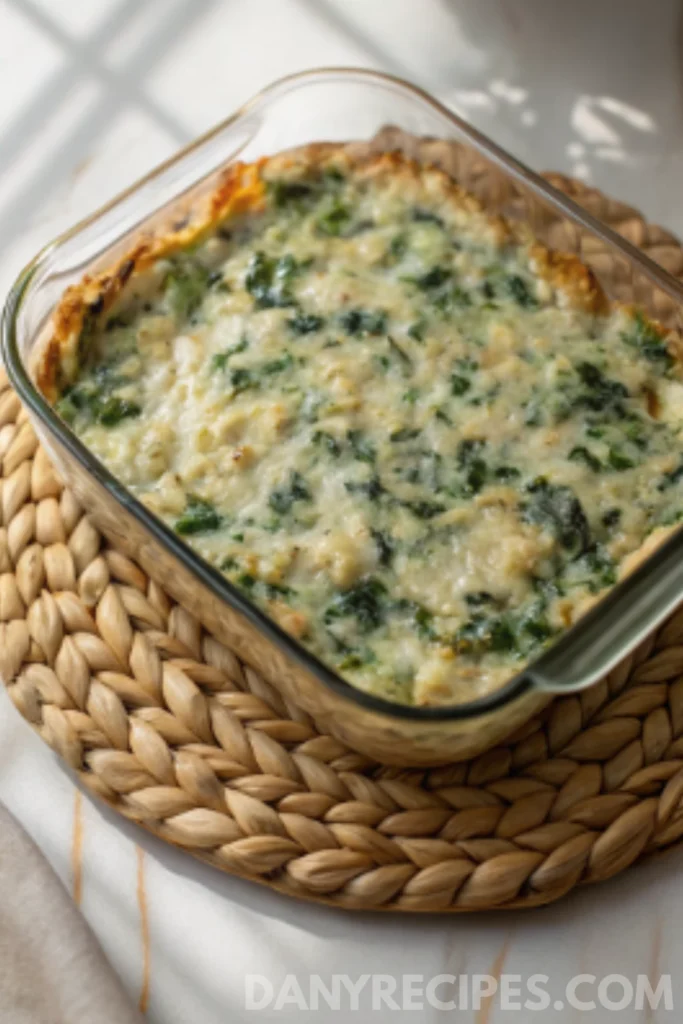 Best Spinach Artichoke Dip Recipe 1 Top view of golden baked spinach artichoke dip in a clear glass dish on a woven mat