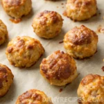 Bisquick sausage balls on a baking sheet with a slightly dry texture and golden brown crust.