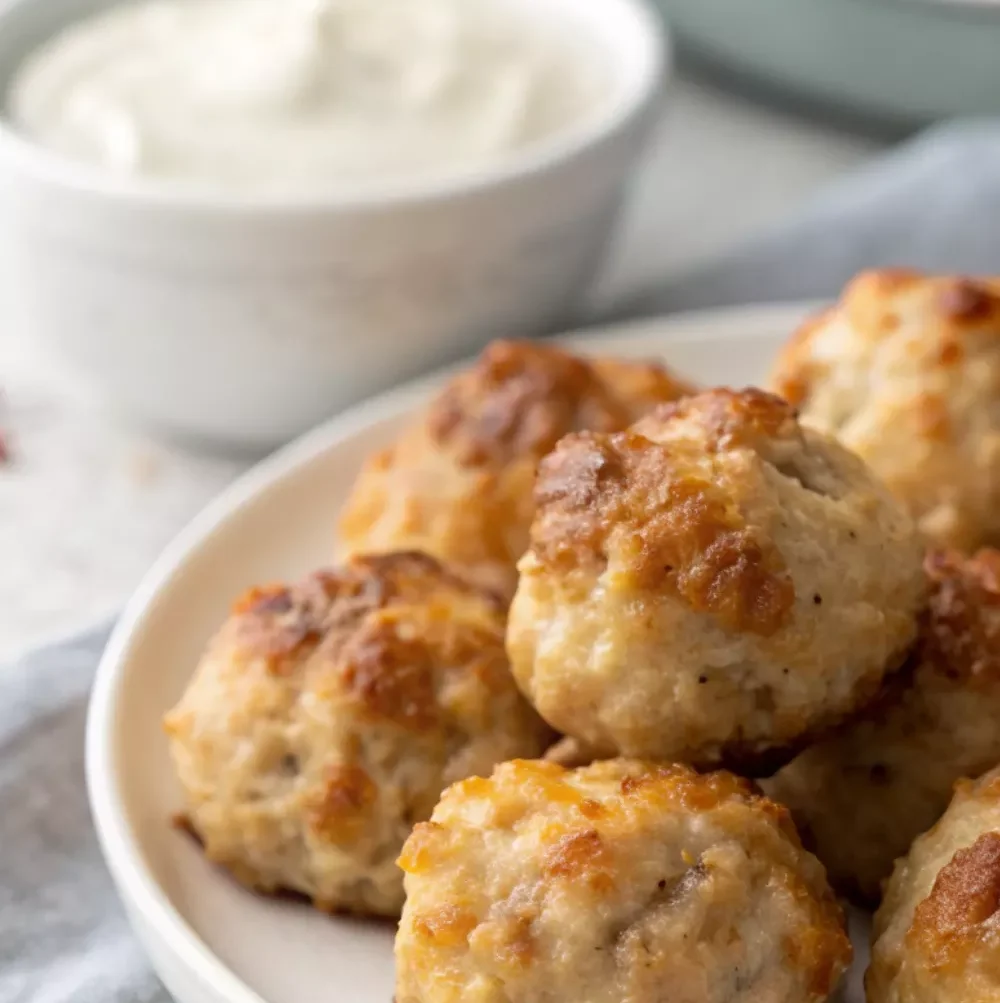 Golden brown Bisquick sausage balls served on a white plate with dipping sauces in the background.