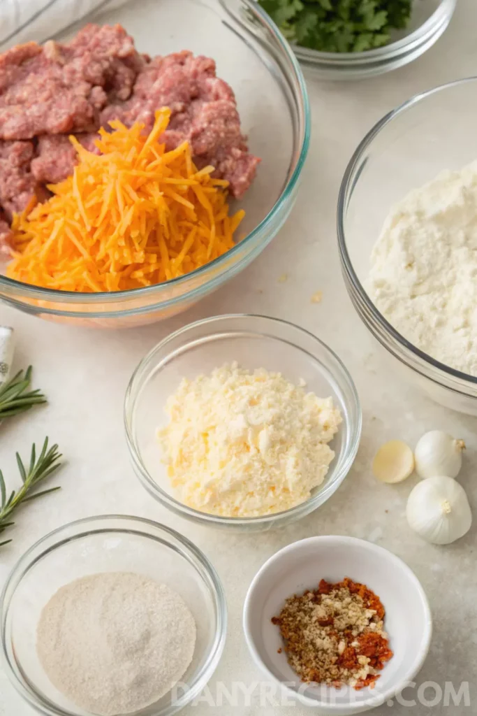 Ingredients for Bisquick sausage balls including ground sausage, shredded cheddar cheese, baking mix, and seasonings.